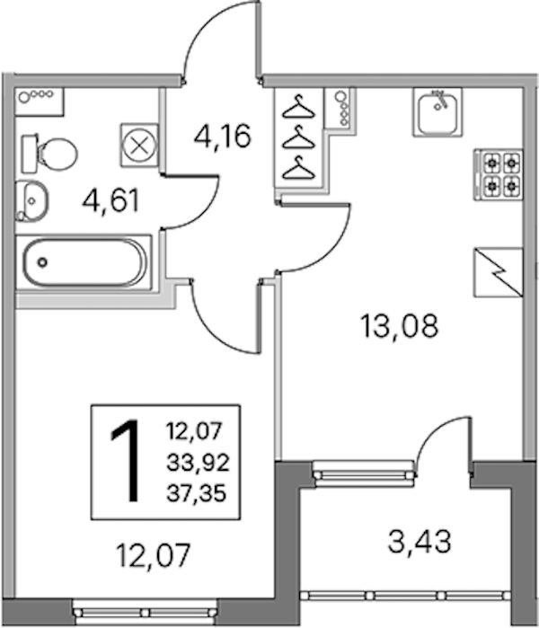 1-комнатная квартира 33.92 м², 1/5 эт., ЖК «ЮгТаун. Олимпийские кварталы»